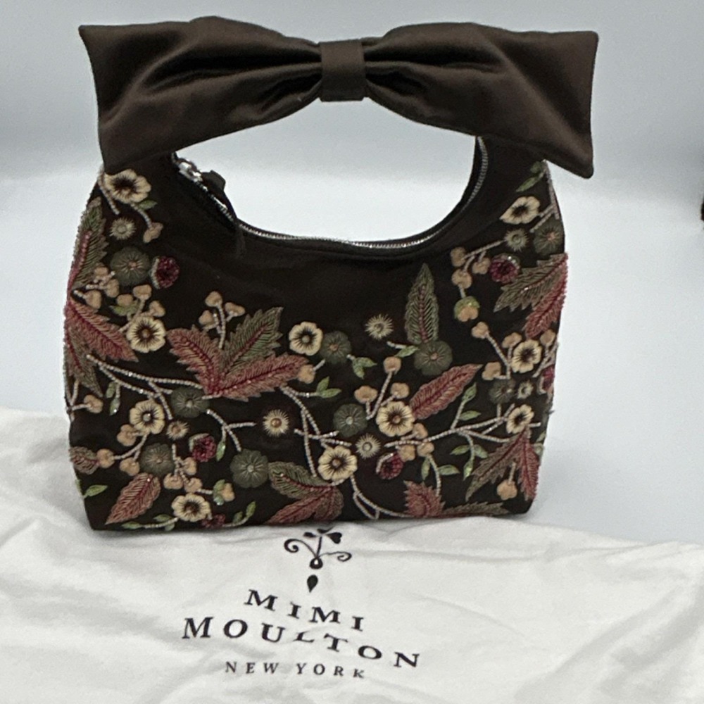 NWT Mimi Moulton Floral Bow Embroidered Handle Bag Brown Multicolor